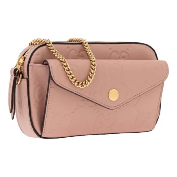 Gucci Calfskin GG Super Mini Debossed Chain Wallet Pink